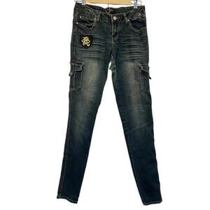 Rocawear Women's Size 7 Jeans Skinny Dark Wash Zip Fly Denim Blue Embroidery Y2K